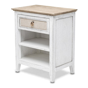 Homeroots 28" Rustic White And Natural Solid Wood Nightstand With Usb Port, One Drawer And 2 Shelves For Storage   571343