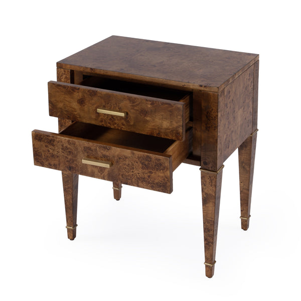 Butler Specialty Kai 2 Drawer End Table – Stylish Mid-century Design With Gold Hardware And Luxurious Brown Finish Light Brown Poplar Wood,Mappa Burl Veneer,Mdf 5713442-butler