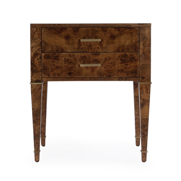 Butler Specialty Kai 2 Drawer End Table – Stylish Mid-century Design With Gold Hardware And Luxurious Brown Finish Light Brown Poplar Wood,Mappa Burl Veneer,Mdf 5713442-butler