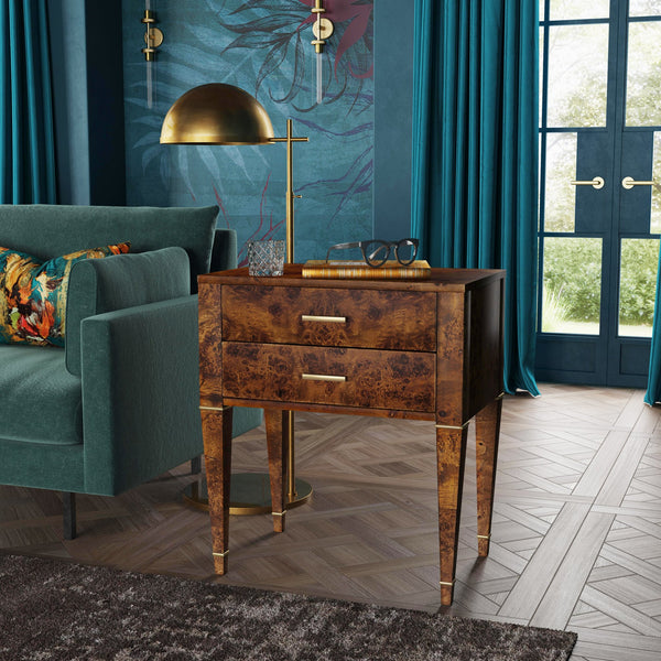 Butler Specialty Kai 2 Drawer End Table – Stylish Mid-century Design With Gold Hardware And Luxurious Brown Finish Light Brown Poplar Wood,Mappa Burl Veneer,Mdf 5713442-butler