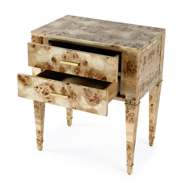 Butler Specialty Kai 2 Drawer End Table – Stylish Mid-century Design With Gold Hardware And Luxurious Brown Finish Light Brown Poplar Wood,Mappa Burl Veneer,Mdf 5713443-butler