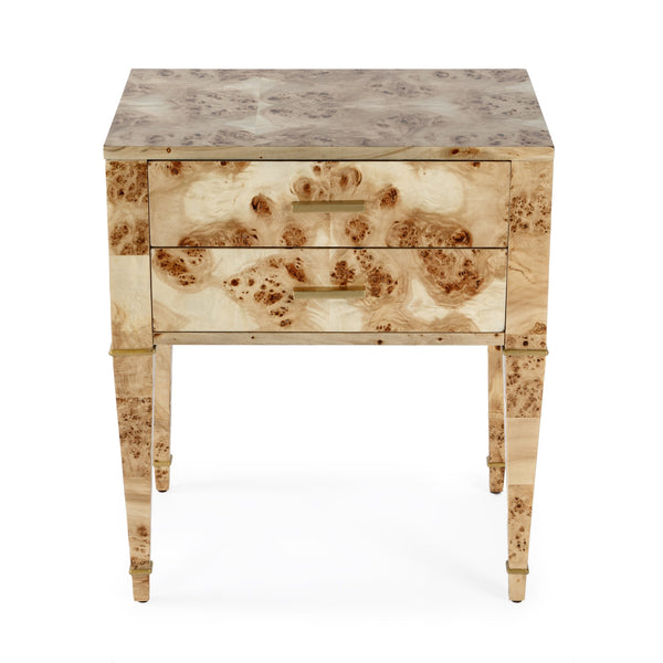 Butler Specialty Kai 2 Drawer End Table – Stylish Mid-century Design With Gold Hardware And Luxurious Brown Finish Light Brown Poplar Wood,Mappa Burl Veneer,Mdf 5713443-butler