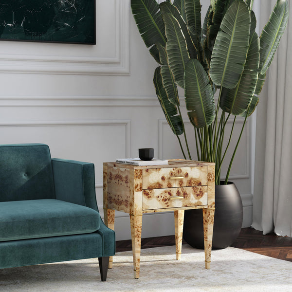 Butler Specialty Kai 2 Drawer End Table – Stylish Mid-century Design With Gold Hardware And Luxurious Brown Finish Light Brown Poplar Wood,Mappa Burl Veneer,Mdf 5713443-butler