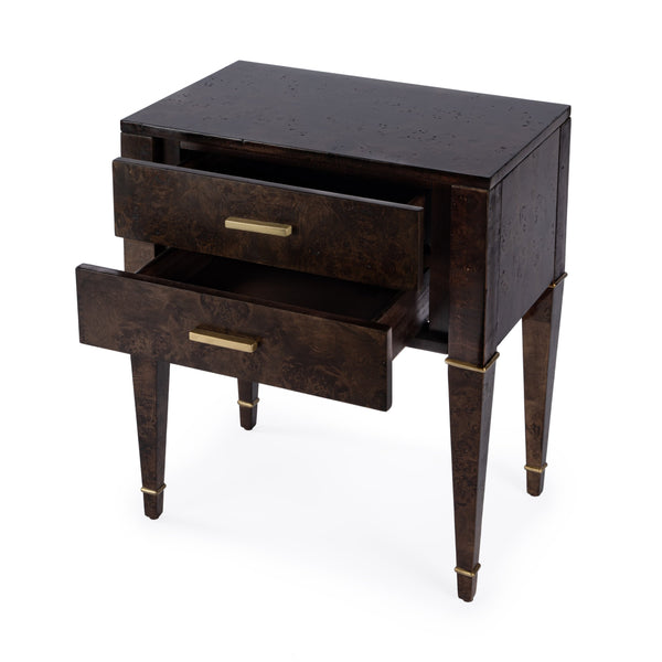 Butler Specialty Kai 2 Drawer End Table – Stylish Mid-century Design With Gold Hardware And Luxurious Brown Finish Dark Brown Poplar Wood,Mappa Burl Veneer,Mdf 5713446-butler