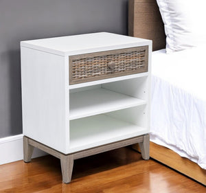 Homeroots 28" Natural And White Solid Wood Nightstand With Usb Port, Wicker Drawer, Rustic Charm & Versatility   571344