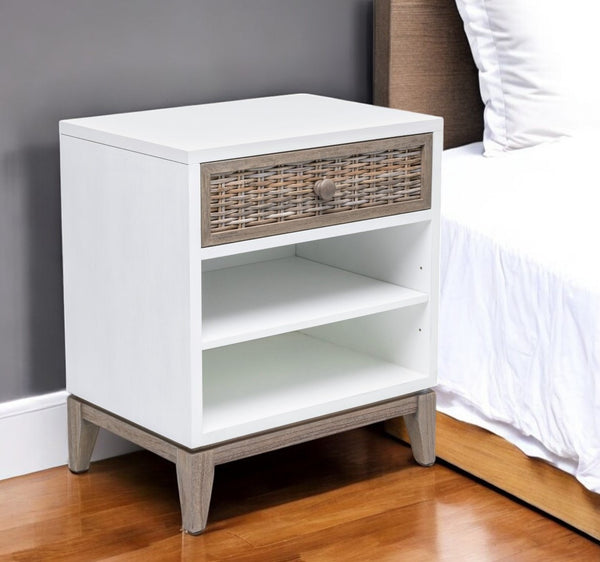 Homeroots 28" Natural And White Solid Wood Nightstand With Usb Port, Wicker Drawer, Rustic Charm & Versatility   571344