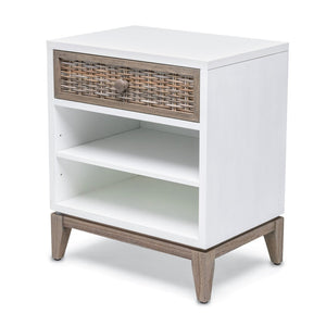 HomeRoots 28" Coastal Farmhouse Solid Wood Nightstand with USB Ports, Rattan Drawer, and Rustic Charm 571344