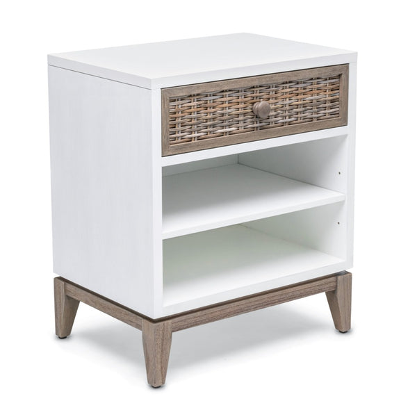 Homeroots 28" Natural And White Solid Wood Nightstand With Usb Port, Wicker Drawer, Rustic Charm & Versatility   571344