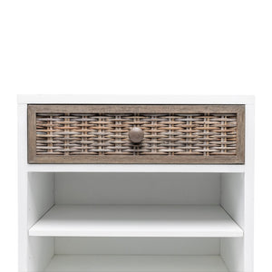 Homeroots 28" Natural And White Solid Wood Nightstand With Usb Port, Wicker Drawer, Rustic Charm & Versatility   571344