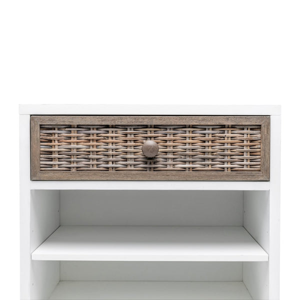 Homeroots 28" Natural And White Solid Wood Nightstand With Usb Port, Wicker Drawer, Rustic Charm & Versatility   571344