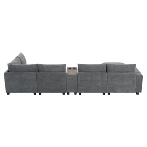 English Elm 139'' U-shaped Corduroy Sectional with Ottoman Console Usb Port and Cup Holders for Living Gray N723S1166E