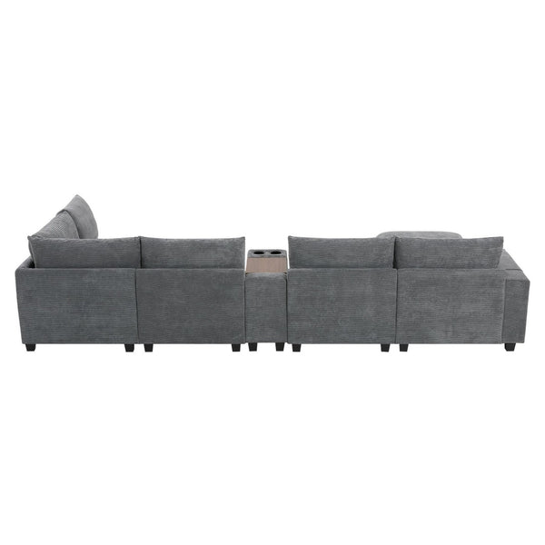 English Elm 139'' U-shaped Corduroy Sectional with Ottoman Console Usb Port and Cup Holders for Living Gray N723S1166E