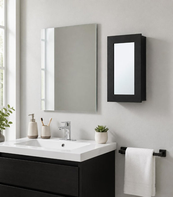 15 Inch Black Wood Wall Mounted Vanity Cabinet for a Modern Bathroom Storage