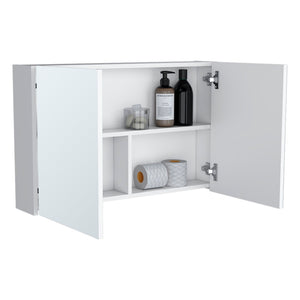 HomeRoots 32" Modern Floating White Wood Bathroom Vanity with Double Doors & Mirror Cabinet for Organized Elegance 571357