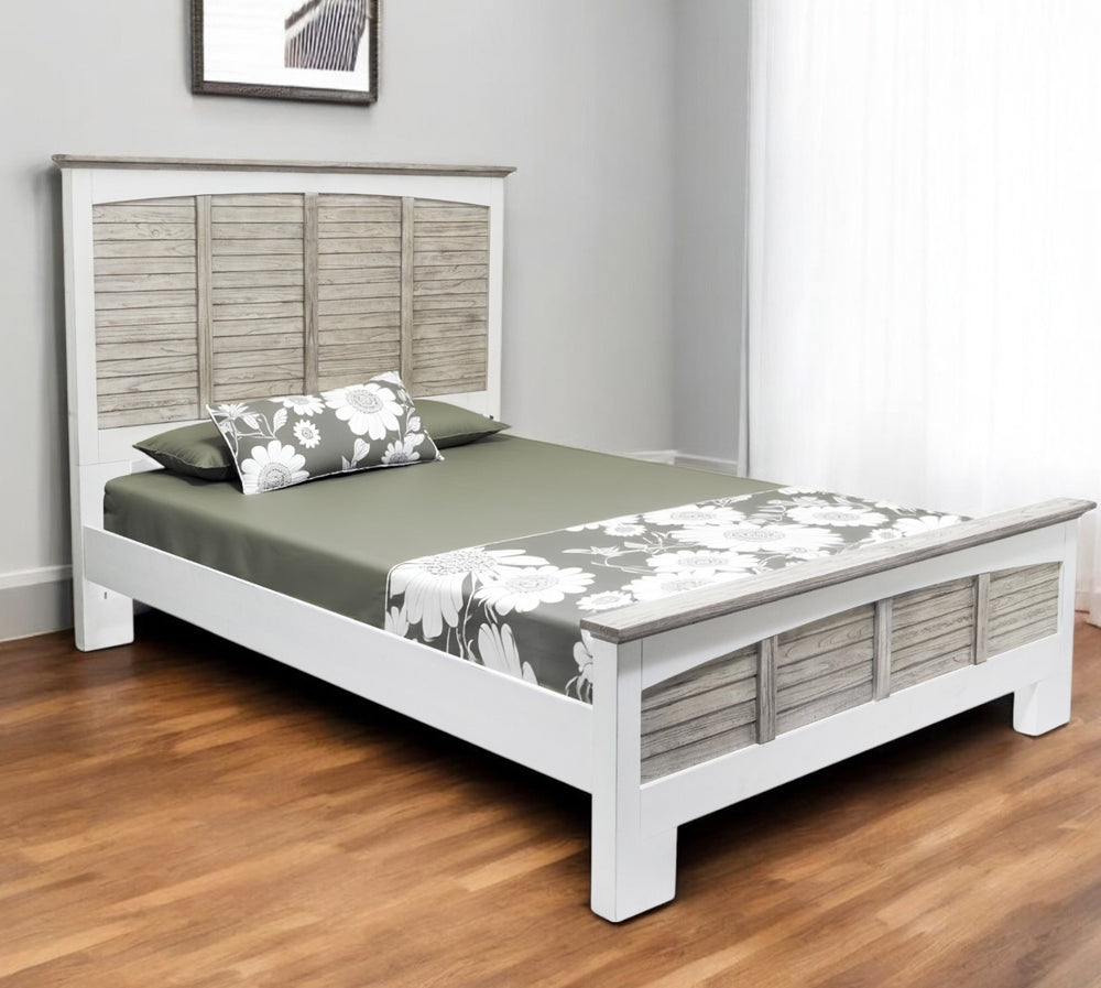 Homeroots Gray Carved Geometric Solid Wood Queen Bed Frame - Distressed Elegance For A Cozy Bedroom Oasis  Wood 571381