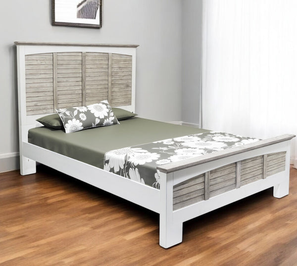 Homeroots Gray Carved Geometric Solid Wood Queen Bed Frame - Distressed Elegance For A Cozy Bedroom Oasis  Wood 571381