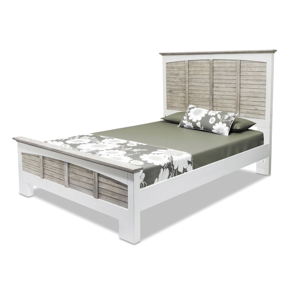 HomeRoots Gray Carved Geometric Distressed Solid Wood Queen Bed Frame - Coastal Style for Elegant Bedrooms 571381