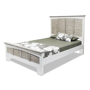 HomeRoots Gray Carved Geometric Distressed Solid Wood Queen Bed Frame - Coastal Style for Elegant Bedrooms 571381