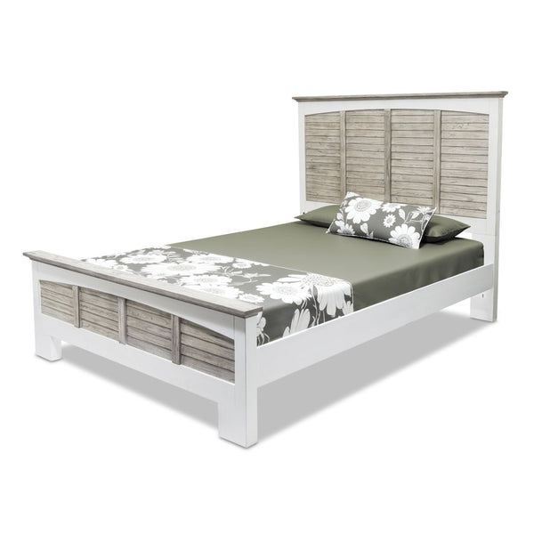 HomeRoots Gray Carved Geometric Distressed Solid Wood Queen Bed Frame - Coastal Style for Elegant Bedrooms 571381