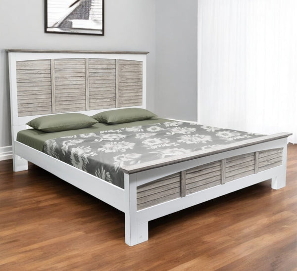 HomeRoots Gray Carved Geometric Distressed Solid Wood King Bed Frame - Artisan Craftsmanship & Timeless Style 571382