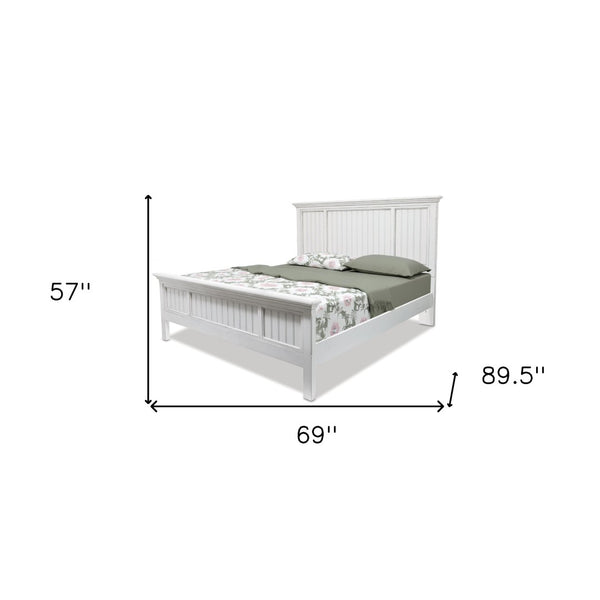 HomeRoots White Carved Geometric Distressed Solid Wood Queen Bed Frame - Artisan Coastal Charm & Supportive Design 571383
