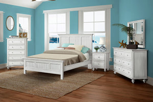 HomeRoots White Carved Geometric Distressed Solid Wood Queen Bed Frame - Artisan Coastal Charm & Supportive Design 571383