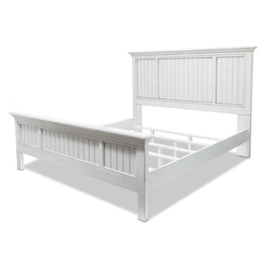 HomeRoots White Carved Geometric Distressed Solid Wood Queen Bed Frame - Artisan Coastal Charm & Supportive Design 571383