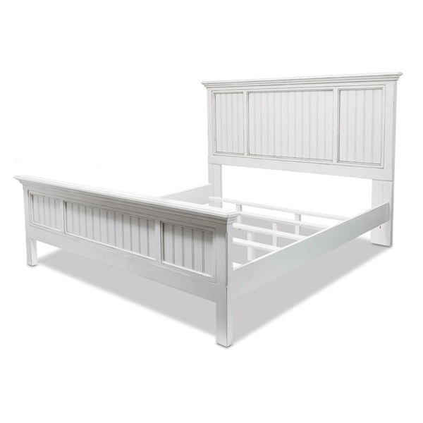 HomeRoots White Carved Geometric Distressed Solid Wood Queen Bed Frame - Artisan Coastal Charm & Supportive Design 571383