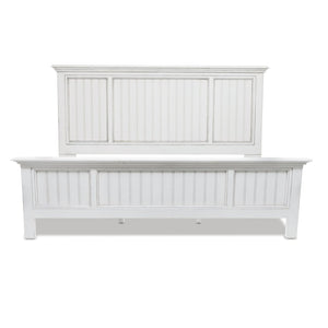 HomeRoots White Carved Geometric Distressed Solid Wood Queen Bed Frame - Artisan Coastal Charm & Supportive Design 571383