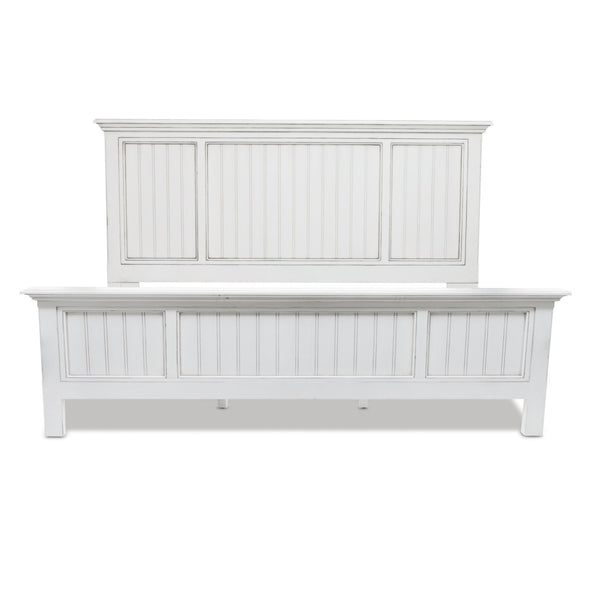 HomeRoots White Carved Geometric Distressed Solid Wood Queen Bed Frame - Artisan Coastal Charm & Supportive Design 571383