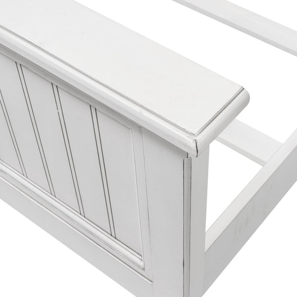 HomeRoots White Carved Geometric Distressed Solid Wood Queen Bed Frame - Artisan Coastal Charm & Supportive Design 571383