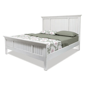 HomeRoots White Carved Geometric Distressed Solid Wood Queen Bed Frame - Artisan Coastal Charm & Supportive Design 571383