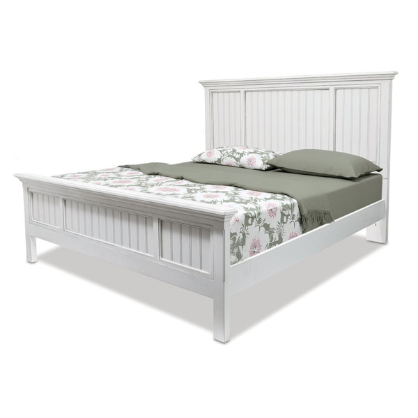 HomeRoots White Carved Geometric Distressed Solid Wood Queen Bed Frame - Artisan Coastal Charm & Supportive Design 571383