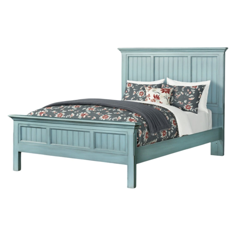 HomeRoots Blue Carved Geometric King Bed Frame - Distressed Solid Wood, Artisan Craftsmanship, Rustic Charm 571386