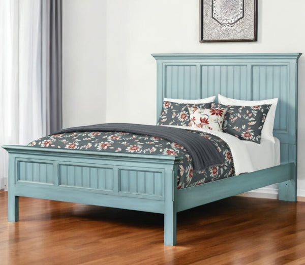 Homeroots Blue Carved Geometric King Bed Frame - Distressed Solid Wood For Stylish Comfort & Sweet Dreams  Wood 571386
