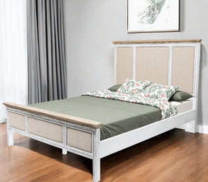 HomeRoots White Coastal-Inspired Shiplap Queen Bed Frame - Distressed Solid Wood & Linen Upholstery Charm 571387