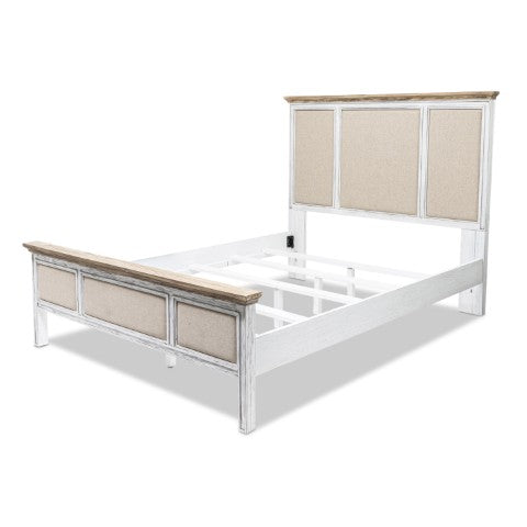 Homeroots White Distressed Solid Wood And Linen Queen Bed Frame - Shiplap Texture For Luxurious Comfort  Wood 571387
