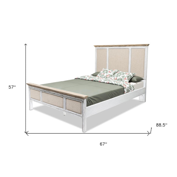 Homeroots White Distressed Solid Wood And Linen Queen Bed Frame - Shiplap Texture For Luxurious Comfort  Wood 571387