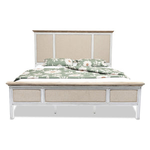 HomeRoots White King Bed Frame with Distressed Shiplap Texture & Linen Upholstered Headboard for Coastal Charm 571388