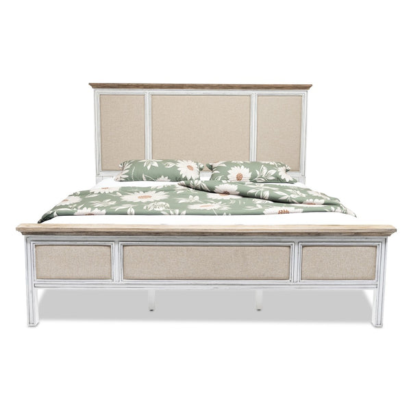 HomeRoots White King Bed Frame with Distressed Shiplap Texture & Linen Upholstered Headboard for Coastal Charm 571388