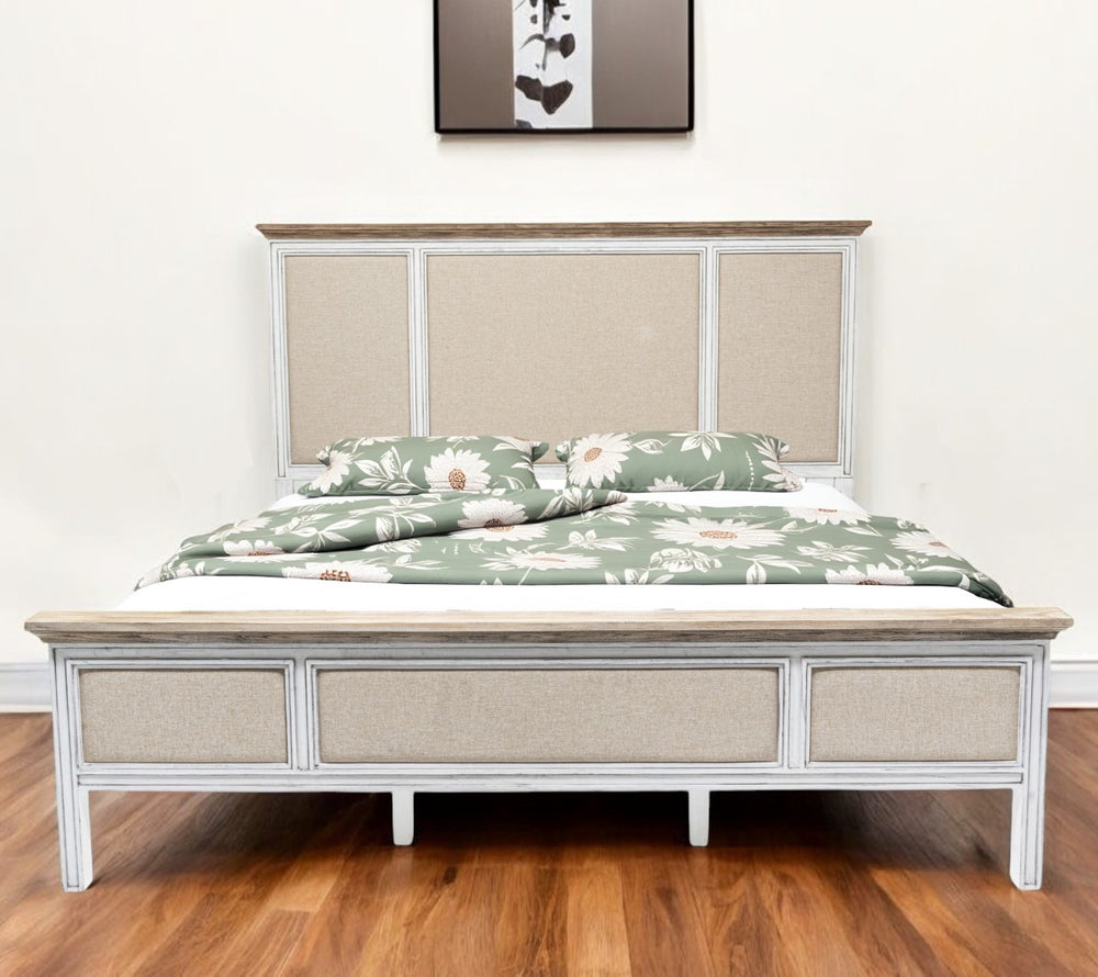 Homeroots White Shiplap Textured King Bed Frame - Luxurious Distressed Solid Wood & Linen For Stylish Comfort  Wood 571388