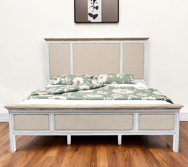 Homeroots White Shiplap Textured King Bed Frame - Luxurious Distressed Solid Wood & Linen For Stylish Comfort  Wood 571388