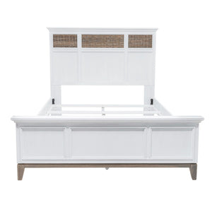 HomeRoots White Solid Wood Queen Bed Frame with Wicker Inlaid Panels - Coastal Resort Style for Your Bedroom 571389
