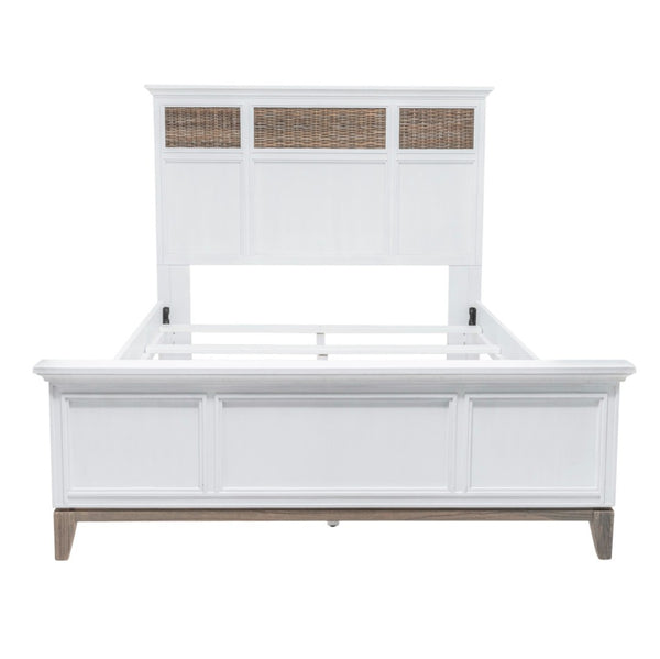 HomeRoots White Solid Wood Queen Bed Frame with Wicker Inlaid Panels - Coastal Resort Style for Your Bedroom 571389