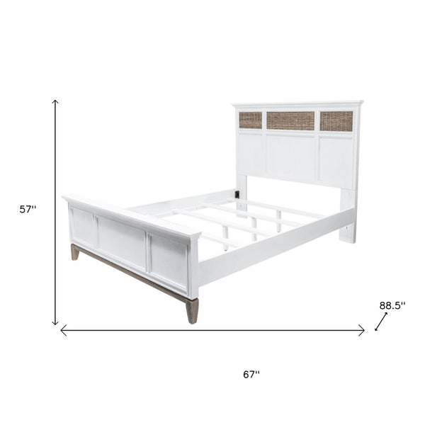 HomeRoots White Solid Wood Queen Bed Frame with Wicker Inlaid Panels - Coastal Resort Style for Your Bedroom 571389