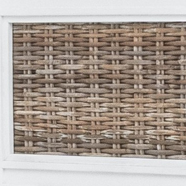 HomeRoots White Solid Wood Queen Bed Frame with Wicker Inlaid Panels - Coastal Resort Style for Your Bedroom 571389