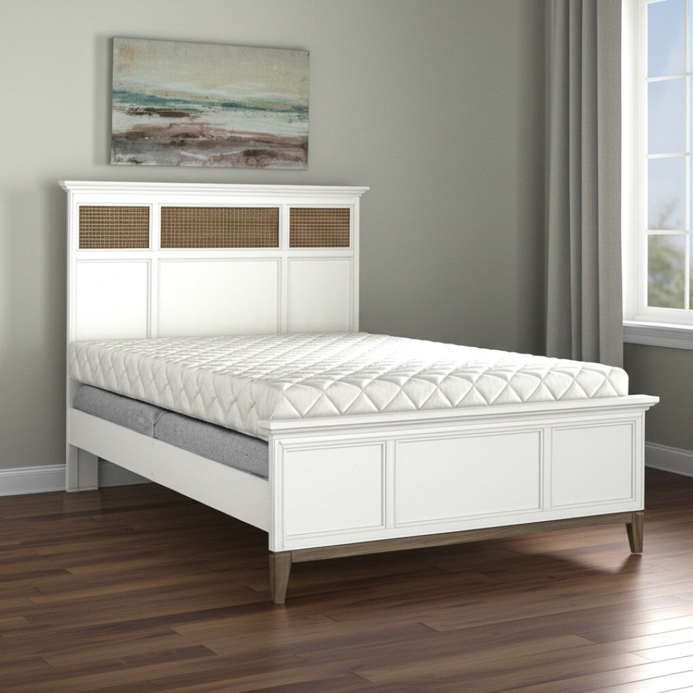 HomeRoots White Solid Wood Queen Bed Frame with Wicker Inlaid Panels - Coastal Resort Style for Your Bedroom 571389