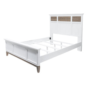HomeRoots White Solid Wood Queen Bed Frame with Wicker Inlaid Panels - Coastal Resort Style for Your Bedroom 571389