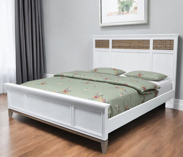 HomeRoots White Ribbed Texture Solid Wood King Bed Frame - Durable, Stylish Design for Your Dream Bedroom Retreat! 571390
