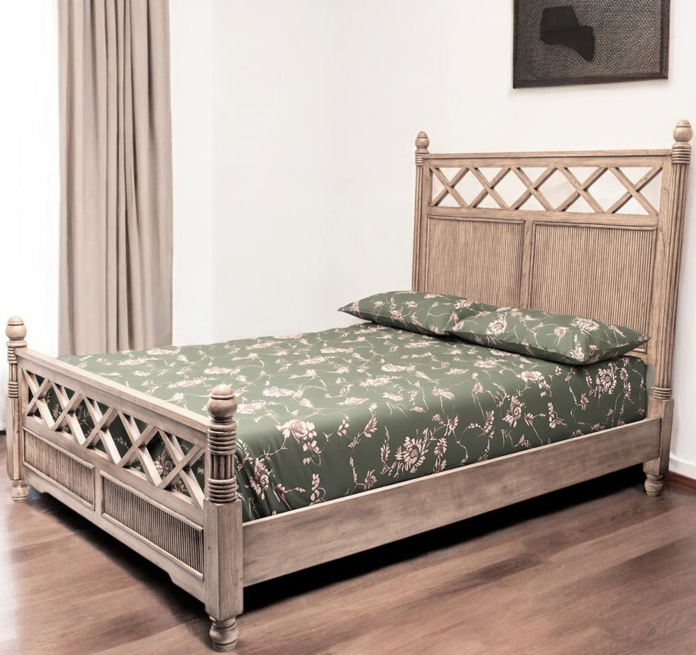 Homeroots Natural Carved Geometric Solid Wood Queen Bed Frame – Stylish Comfort For Your Inviting Bedroom Retreat  Wood 571391
